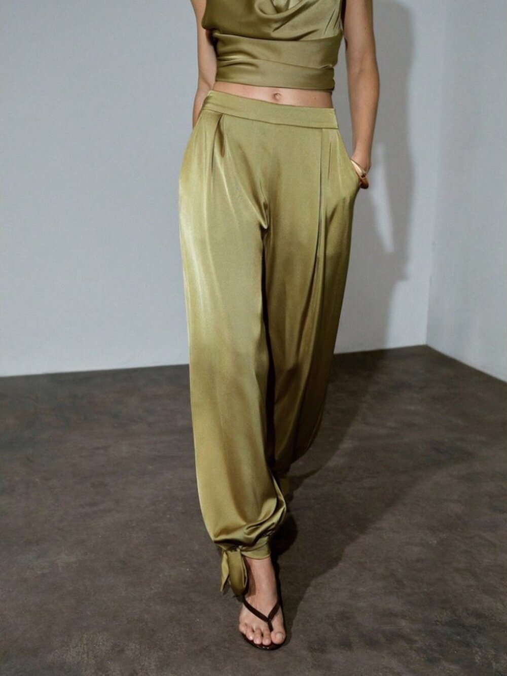 Olive Green Satin Pleated High Waist Tie Cuff Wide Leg Pants